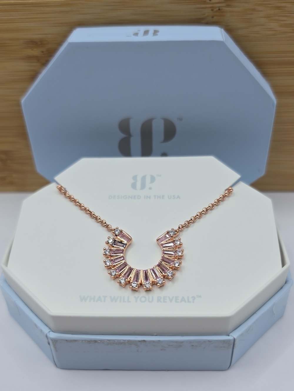 Bomb Party Necklace NK99989 "Stand In The Spotlight" Rose Quartz CZ Rose Gold